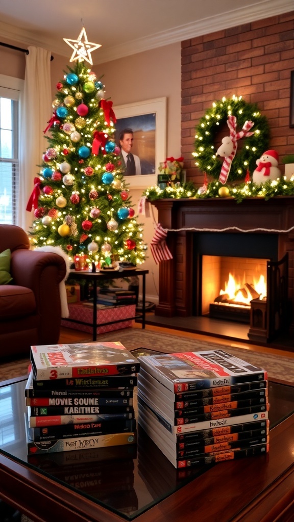 A festive living room with a Christmas tree, movie DVDs, and a glowing fireplace.